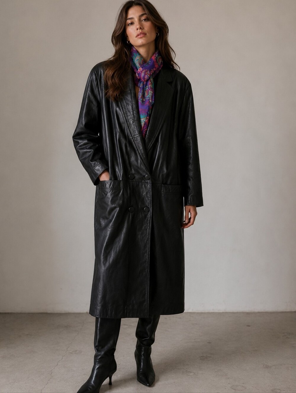 Donna Pelle Leather Black Trench Coat. Size Medium.